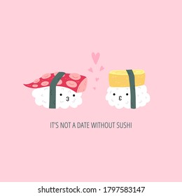 Cute kissing funny kawaii sushi. Cute kawaii nigiri with octopus and egg with flying hearts romantic card concept. Vector hand drawn character illustration. 