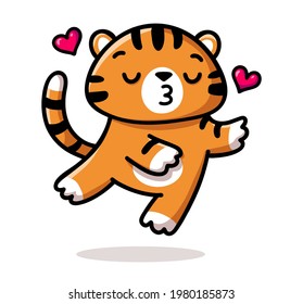 Cute kissing tiger in love. Flat vector icon. Adorable character for card, print, sticker, Valentine's day or other romantic design.