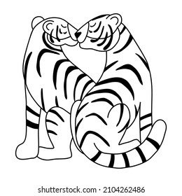 Cute kissing tigers in doodle style. Animalistic concept Couple of lovers. Black and white line art. Love you. Vector illustration for valentines day isolated on white background.