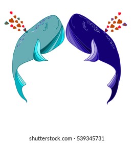 Cute kissing whales with a fountain of hearts