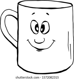 Cute kitchen accessories mug, cup with smile for coloring book cartoon hand drawn vector illustration. Can be used for t-shirt print