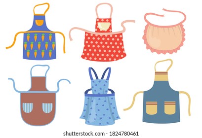 Cute kitchen aprons with patterns flat item set. Cartoon cooking dress for housewife or chef of restaurant isolated vector illustration collection. Protective garment and housekeeping concept