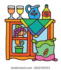 Cute Kitchen Cabinet Illustration – Colorful Hand Drawn Food and Decor Clipart