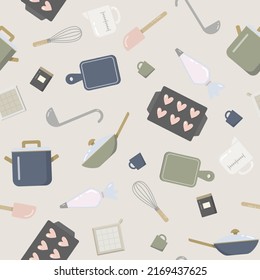 Cute kitchen, cooking, and baking pattern in trendy colors! Seamless pattern, vector. Comes also with a swatch that has no background color. Check the matching illustration, too!