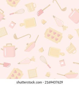 Cute kitchen, cooking, and baking pattern in pretty pink! Who doesn't want a golden whisk? Seamless pattern, vector. Comes also with a swatch that has no background color.