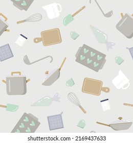 Cute kitchen, cooking, and baking pattern in pretty pastels! Seamless pattern, vector. Comes also with a swatch that has no background color. Check the matching illustration, too!