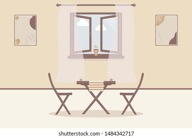 Cute kitchen home interior. Indoor furniture: table and chairs, cups of coffee or tea.Modern abstract paintings on wall.Open window with transparent curtains and plant in pot.Vector illustration
