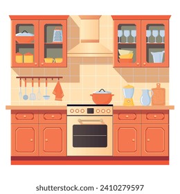 Cute kitchen interior in flat style. All Objects Are Repainted.