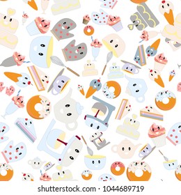 Cute kitchen items cartoon seamless pattern