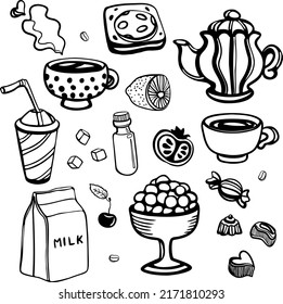 Cute kitchen items our daily life  Sketches by hand  Cups and teapot  sandwich  drink  candy  milk   stuff 
Black   white vector that is easy to recolor  Perfect for postcards  for social netw