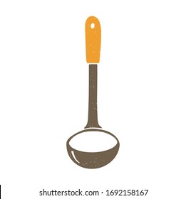 Cute kitchen ladle. Brown kitchen ladle with orange handle on a transparent background. Vector shabby hand drawn illustration