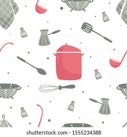 Cute kitchen pattern in red and gray colors. kitchen utensil: red pan, colander, towel, whisk, salt, pepper. vector illustration