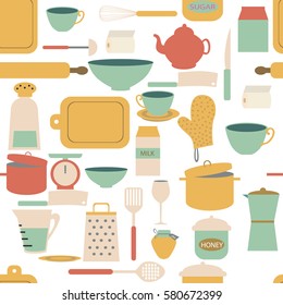 Cute kitchen pattern with tools and food. Vector Illustration