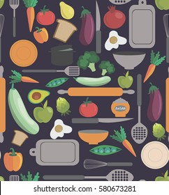 Cute kitchen pattern with tools and food. Vector Illustration