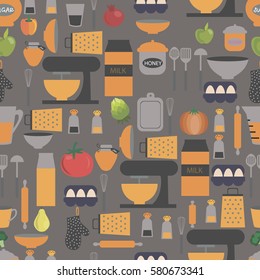 Cute kitchen pattern with tools and food. Vector Illustration