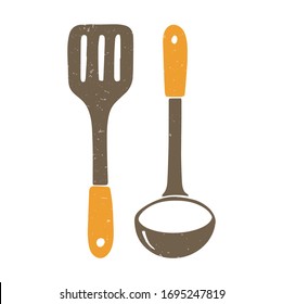 Cute kitchen set. Brown kitchen spatula and ladle with orange handles on a transparent background. Vector shabby hand drawn illustration