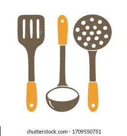 Cute kitchen set. Brown spatula, ladle and skimmer with orange handles on a transparent background. Vector shabby hand drawn illustration