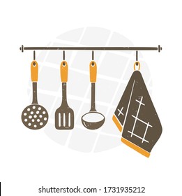 Cute kitchen set. Hanging spatula, ladle, skimmer and towel. Vector shabby hand drawn illustration