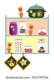 Cute kitchen shelves. Jars with sweet jam and dreams of cozy home, flowers in pot, pan and potholders. Vector illustration. Memories of summer.