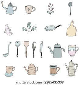 cute kitchen tools hand drawn vector set.