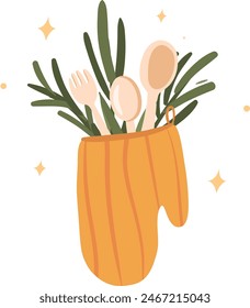 Lindas herramientas de cocina en un concepto de guante de horno aislado. Ilustración dibujada a mano 