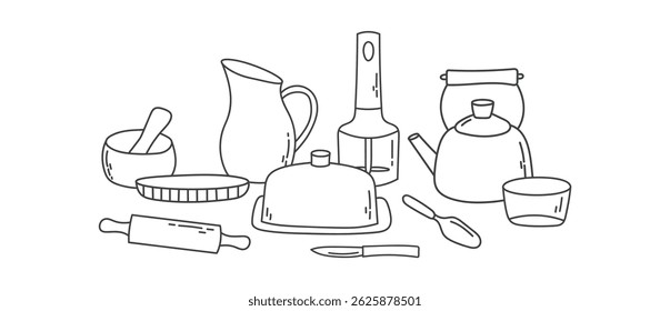 Cute kitchen utensil doodles arranged in a creative composition. Great for posters, cards, cafe decor, and food-related content.