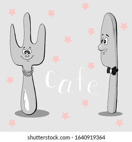 Cute kitchen utensils fork and knife with smiling faces, lettering café, cartoon hand drawn vector illustration. Can be used for t-shirt print, kids wear fashion design, baby shower invitation card