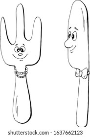 Cute kitchen utensils knife and fork with faces for coloring book cartoon hand drawn vector illustration. Can be used for t-shirt print, kids wear fashion design, baby shower invitation card