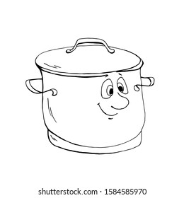 Cute kitchen utensils pan with smiling face for coloring book cartoon hand drawn vector illustration. Can be used for t-shirt print, kids wear fashion design, baby shower invitation card