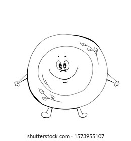 Cute kitchen utensils plate smiling for coloring book cartoon hand drawn vector illustration. Can be used for t-shirt print, kids wear fashion design, baby shower invitation card, training children