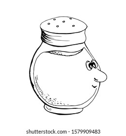 Cute kitchen utensils salt shaker with smiling face for coloring book cartoon hand drawn vector illustration. Can be used for t-shirt print, kids wear fashion design, baby shower invitation card
