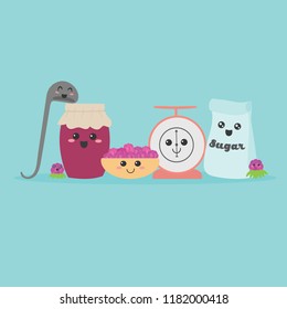 Cute Kitchen utensils: sugar, kitchen scales, ladle, raspberry, plate with berries. Ingredients for jam recipe. Vector illustration in flat design.