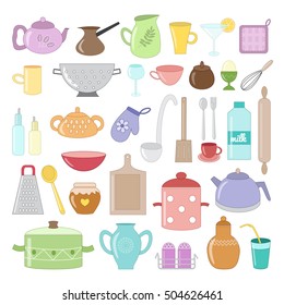 Cute kitchen utensils, tools, tableware set. Coloured cook equipment. Icons design. Isolated on white background. Vector illustration in cartoon flat style
