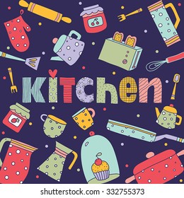 Cute kitchen vector postcard.