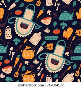 Cute Kitchen Vector Seamless Pattern.
