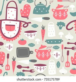 Cute Kitchen Vector Seamless Pattern.