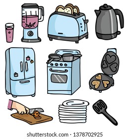 Cute kitchenware cartoon vector illustration motif set. Hand drawn isolated appliance and cooking elements clipart for toast food blog, domestic graphic, breakfast web buttons.