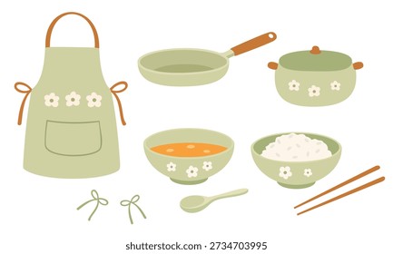 Cute kitchenware and cooking utensils illustration with apron, pot, pan, bowls, spoon and chopsticks vector.