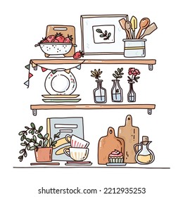 cute kitchenware hand drawn illustration. vector art of kitchen shelves. bright illustration with flowers, berries and kitchenware.
