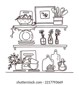 cute kitchenware hand drawn illustration. vector art of kitchen shelves. outline illustration with flowers, berries and kitchenware.