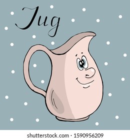 Cute kitchenware milk jug with a smiling face, lettering, cartoon hand drawn vector illustration. Can be used for print, kids wear fashion design, baby shower invitation card, for kids learning