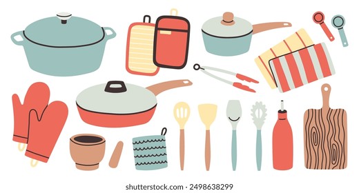 Cute kitchenware set. Vector kitchen utensils tools and equipment, cartoon cooking appliance. Cookware isolated set.