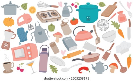 Cute kitchenware utensil set.  vector illustration