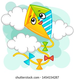 A cute kite flies in the sky between the clouds with a joyful smile.
Vector cartoon illustration of bright colors.
For the design of children's fabric, wallpaper, books