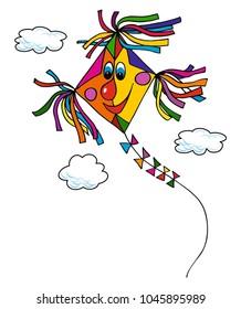 Cute kite flying in the sky with clouds, vector, colored.