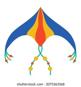 Cute kite vector icon. Hand-drawn color doodle. Colorful paper toy with beads, ribbons. Festive concept for decoration, design of cards, textiles, prints, flyers for the Makar Sankranti festival