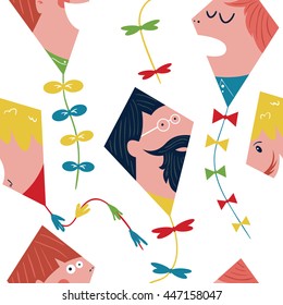Cute kites painted like as dudes seamless pattern