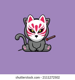 Cute Kitsune Cat With Katana Cartoon Vector Icon Illustration. Animal Icon Concept Isolated Premium Vector. Flat Cartoon Style