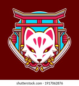 Cute Kitsune With Sword Cartoon Vector Icon Illustration Art Animal Icon Concept Isolated Premium Vector. Flat Cartoon Style