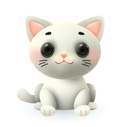 Cute Kitten 3d Illustration. Funny Little White Cat Or Animal In Cartoon Style Sitting Isolated On White Background. Animal, Nature, Pet Concept